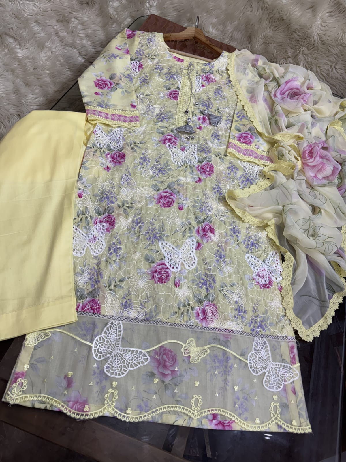 Butterfly lawn embroided chikenkari