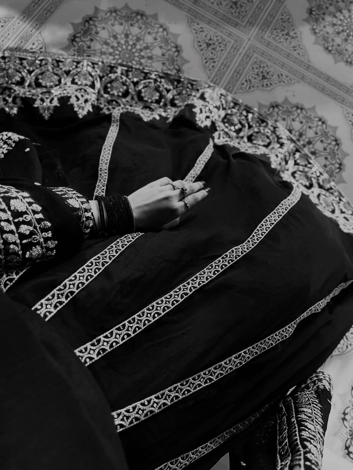 BLACK SILK Lehnga choli (Embriodery sequence+block print)
