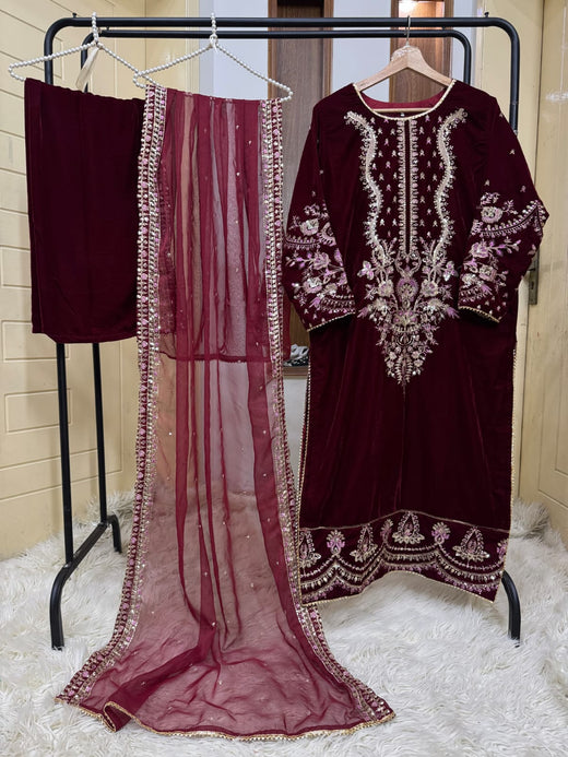 Micro velvet 3 pc dress (MAROON)