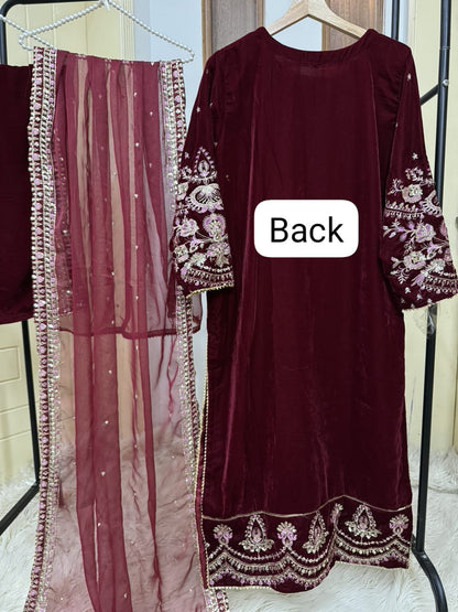 Micro velvet 3 pc dress (MAROON)
