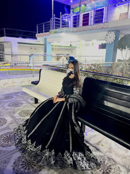 BLACK SILK Lehnga choli (Embriodery sequence+block print)