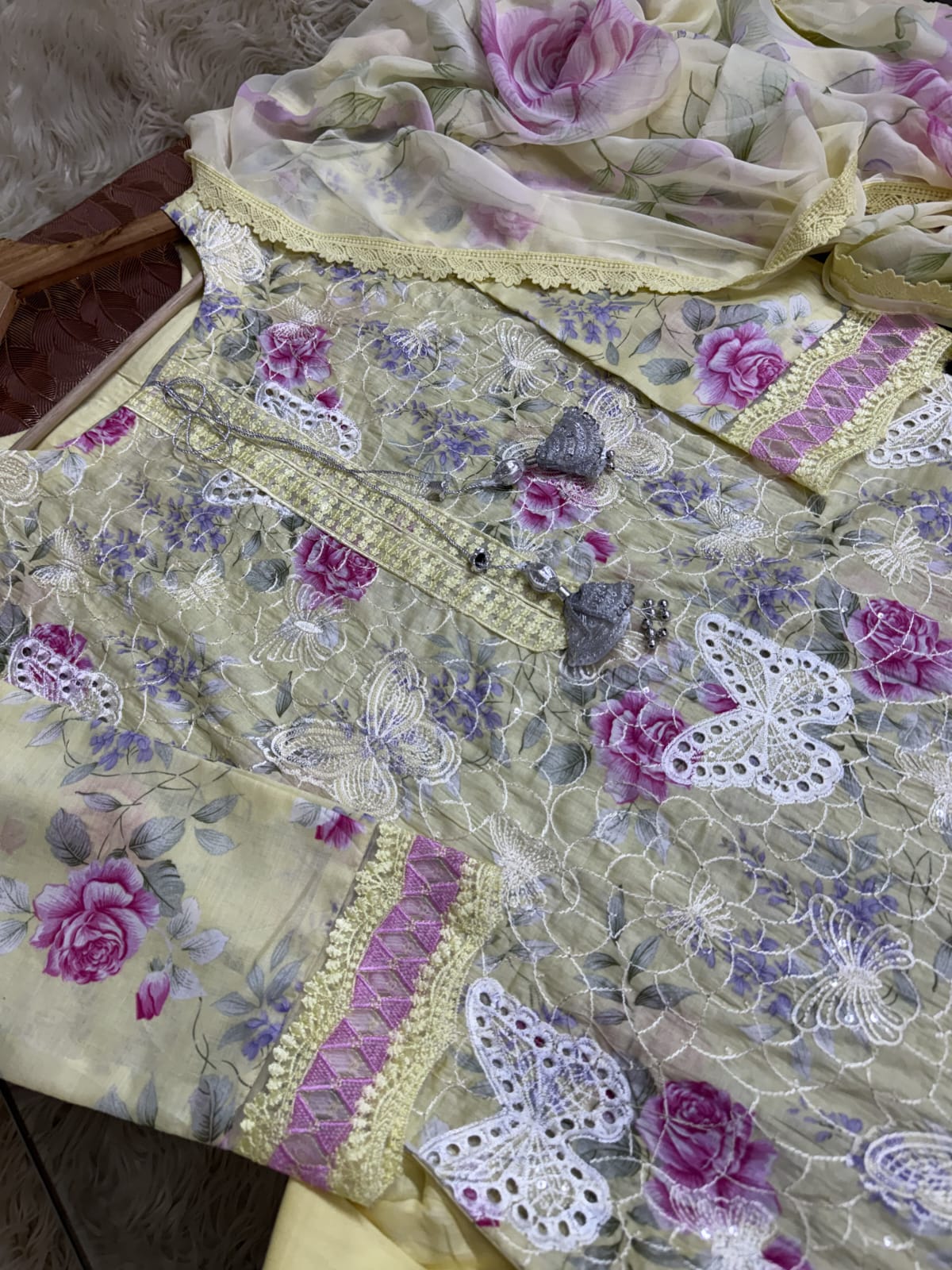 Butterfly lawn embroided chikenkari
