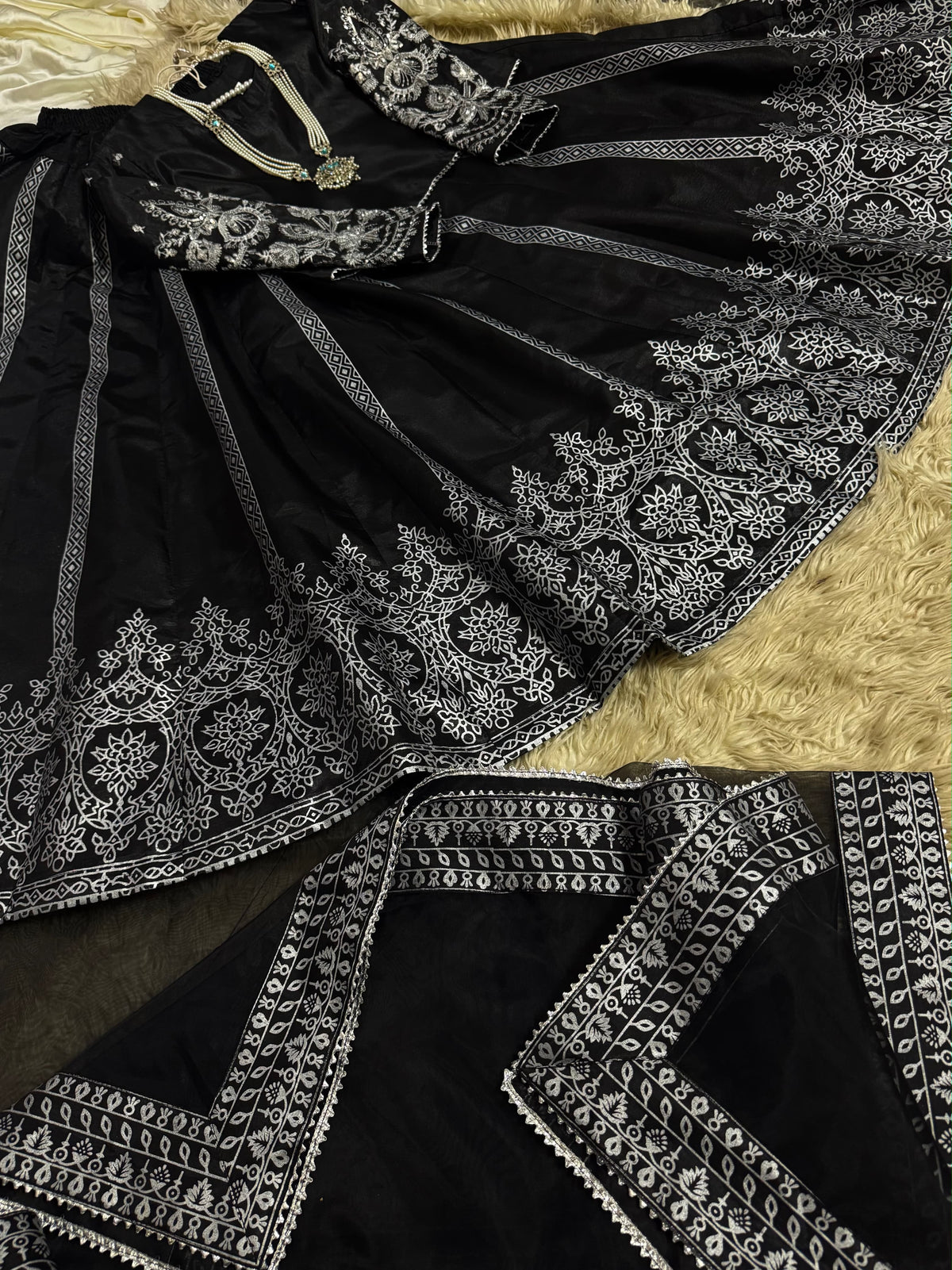 BLACK SILK Lehnga choli (Embriodery sequence+block print)