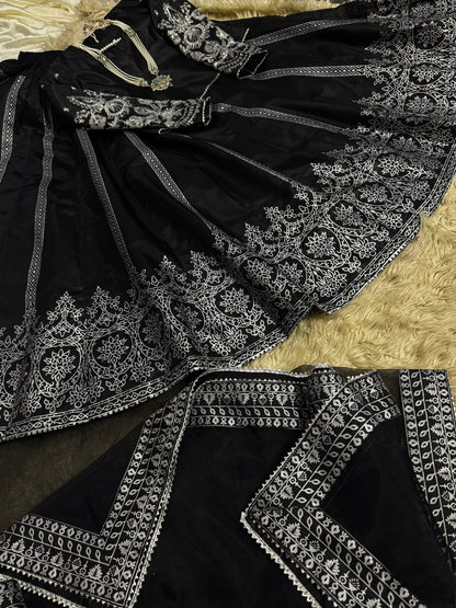 BLACK SILK Lehnga choli (Embriodery sequence+block print)