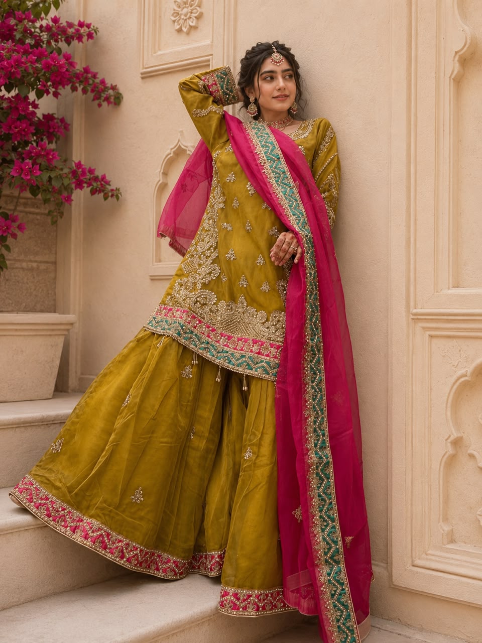 Zarbahar (MEHNDI GREEN WITH PINK)