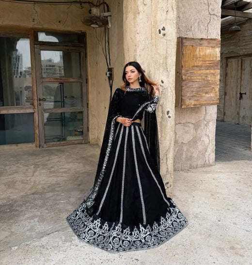 BLACK SILK Lehnga choli (Embriodery sequence+block print)