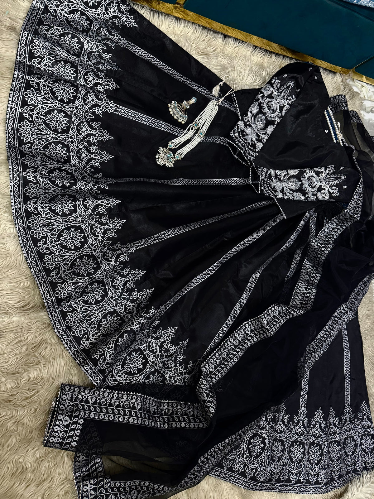 BLACK SILK Lehnga choli (Embriodery sequence+block print)