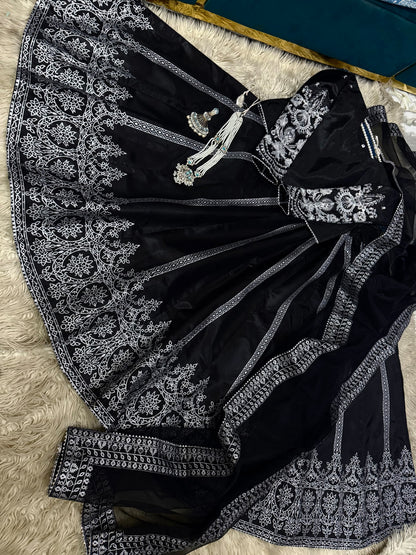 BLACK SILK Lehnga choli (Embriodery sequence+block print)