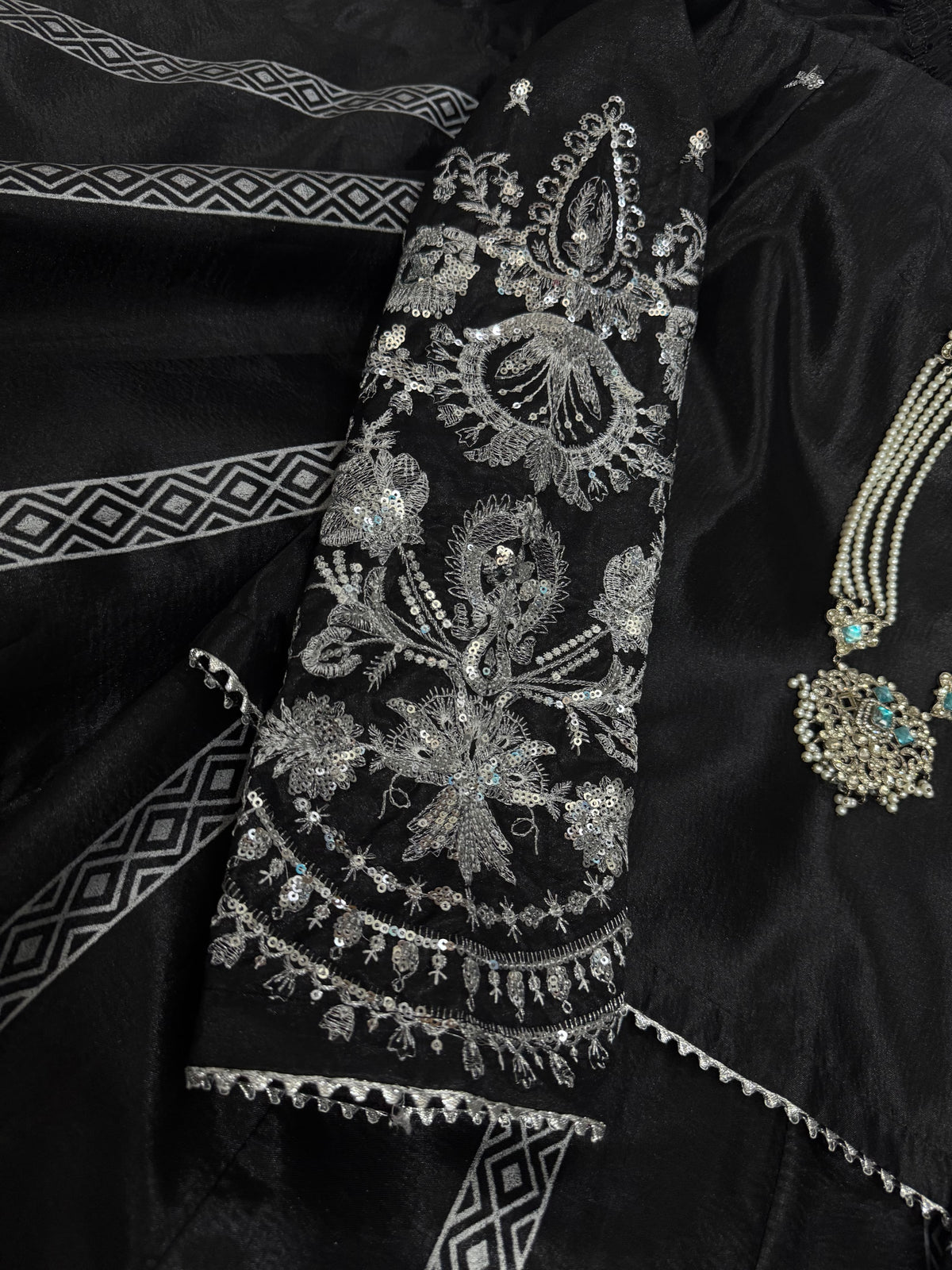 BLACK SILK Lehnga choli (Embriodery sequence+block print)