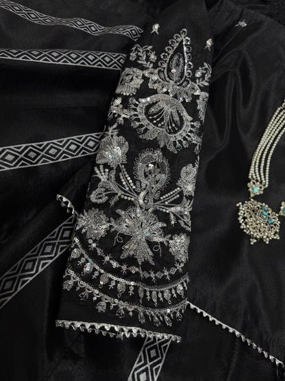 BLACK SILK Lehnga choli (Embriodery sequence+block print)